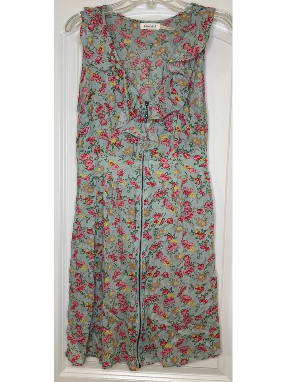 Blue Bird Floral Print Sleeveless Midi Dress with Front Zipper and Ruffle Detail